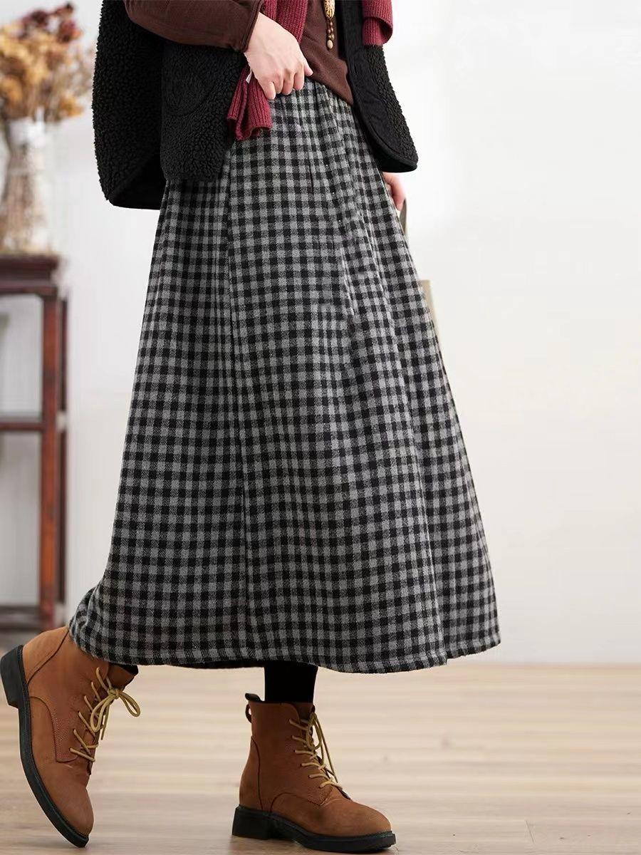 New Autumn and Winter Thickeneded Retro Black and Gray Plaid Woolen Plaid Skirt Elastic Waist Mid-Length Versatile A-Line Skirt
