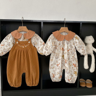 Spring and Autumn New Women's Infant Super Cute Small Animal Mosaic Doll Collar Long-sleeved jumpsuit