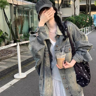 High Street American Style Retro Fried Street Old Denim Workwear Coat Women's Sweet and Spicy Jacket Loose Slimming Top Spring and Autumn
