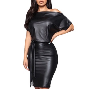 European and American women's sexy solid color PU leather slanted shoulder leather dress temperament skirt women's leather skirt spot
