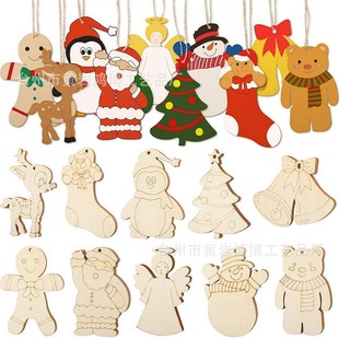 Cross Border Christmas Hanging Ornament Multiple Unfinished Wooden Christmas Crafts Ornament with Rope for Hanging Decoration