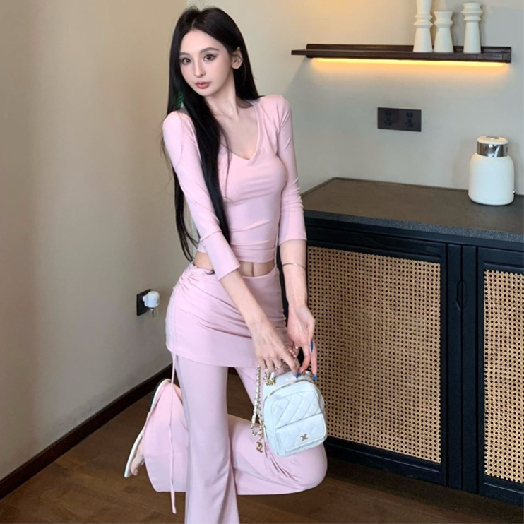 2026 New Summer Style Street Fashion Pure Desire Style V-Neck Slim-Fit Mid-Sleeve Top T-Shirt + Drawstring Splicing Pants Two-Piece Set