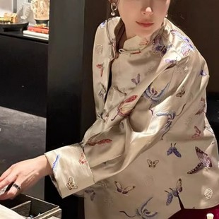 2024 spring new chic young artistic new Chinese style stand collar buckle loose butterfly printed coat for women