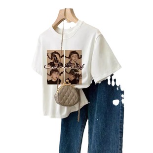 2024 Summer New Cotton T-shirt Short-sleeved Women's Fashion Western-style Loose Slimming Top Half-sleeved T-shirt Trendy Cross-border T-shirt