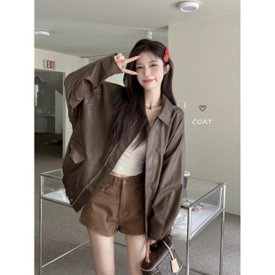 Maillard Vintage Leather Jacket Coat Women's Spring Sweet Cool Biker Clothing PU Leather Loose Long-sleeved Top