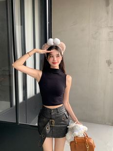 516#2024 New Half High Neck terry Warm Vest with Chest Pad Outer Wear Top Korean Sleeveless Inner Base