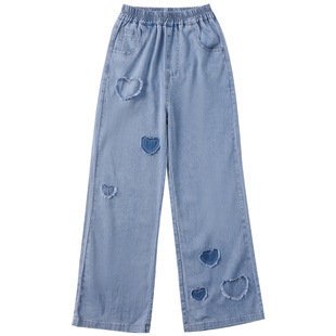 Girls' Summer Tencel Jeans 2023 Girls' Tencel Anti-mosquito Pants Large Children's Stylish Love Tape Jeans