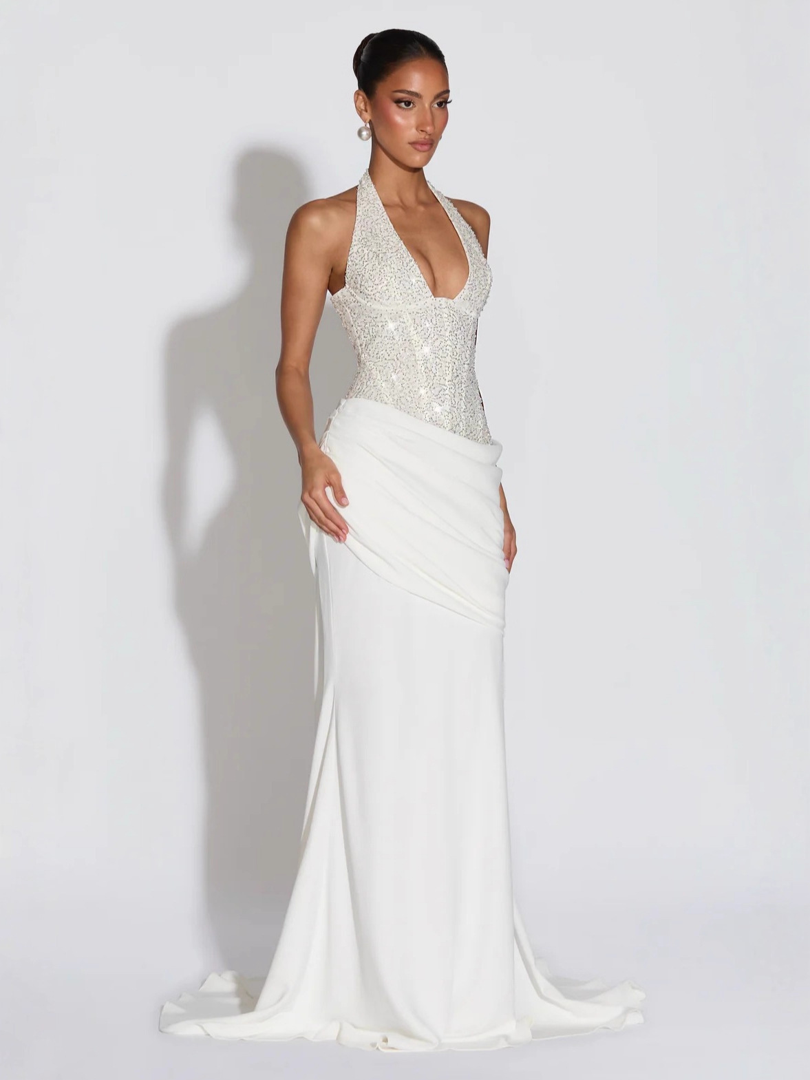 Cross-Border European and American Style Elegant Patchwork Shiny Halter Neck Long Evening Dress Sexy Hot Girl Long Dress Wholesale