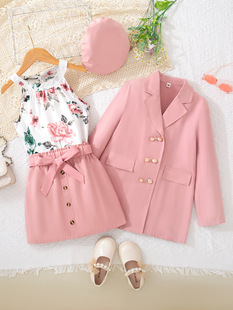 Cross-border Children's Wear Girls Middle and Big Children's Printed Neck Top Single-breasted Hip A- line Short Skirt with Long Sleeve Jacket