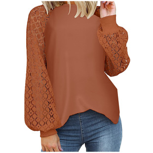 2024 cross-border new Amazon autumn and winter round neck long sleeve lace stitching loose top women's spot