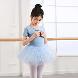Children's Dance Clothes Girls' Practice Clothes Summer Short-sleeved Sequin Gauze Dress Chinese Dance All-in-one Blue Ballet Dress