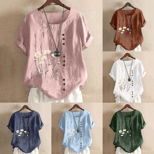 Cotton and Linen Short-sleeved T-shirt Shirt Women's Summer Loose Elegant Ink Painting Cat Print Breathable Shirt Top Multicolor