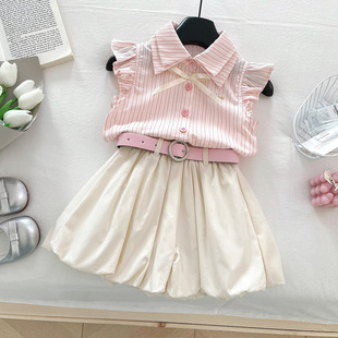 Summer girls suit 2025 striped short sleeve shirt small fly sleeve top bud shorts two-piece cross-border generation hair