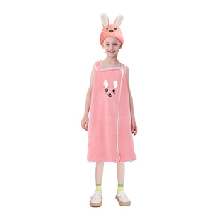 Children's Wearable Rabbit Ears Bath Skirt Girl's Thickened Absorbent Quick-drying Soft Coral Fleece with Dry Hair Cap suit