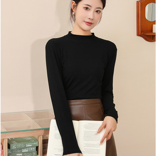 in stock New Slim-fit Women's T-shirt All-match Mask Clothes Solid Color Simple Elegant Round Neck Long Sleeve Top Base Shirt