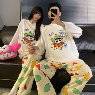 2024 New Couple Pajamas 6535 Cotton Round Neck Cartoon Cute Long Sleeve Trousers Two-Piece Outfit Home Clothes