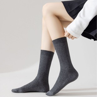 Grey Stacked Socks Women's Autumn and Winter New Mid-length Socks Cotton Double Needle Japanese Style Breathable Sweat Absorbing Vertical Stripe Stockings