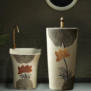 Vintage Chinese Style Outdoor Wash Basin Courtyard Column Basin Integrated Floor Style Garden Wash Basin Outdoor Wash Basin