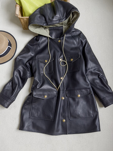 Yang Mi Same Style Genuine Leather Coat Hooded Tooling Mid-length Windbreaker European 2023 Autumn New Sheepskin Coat for Women