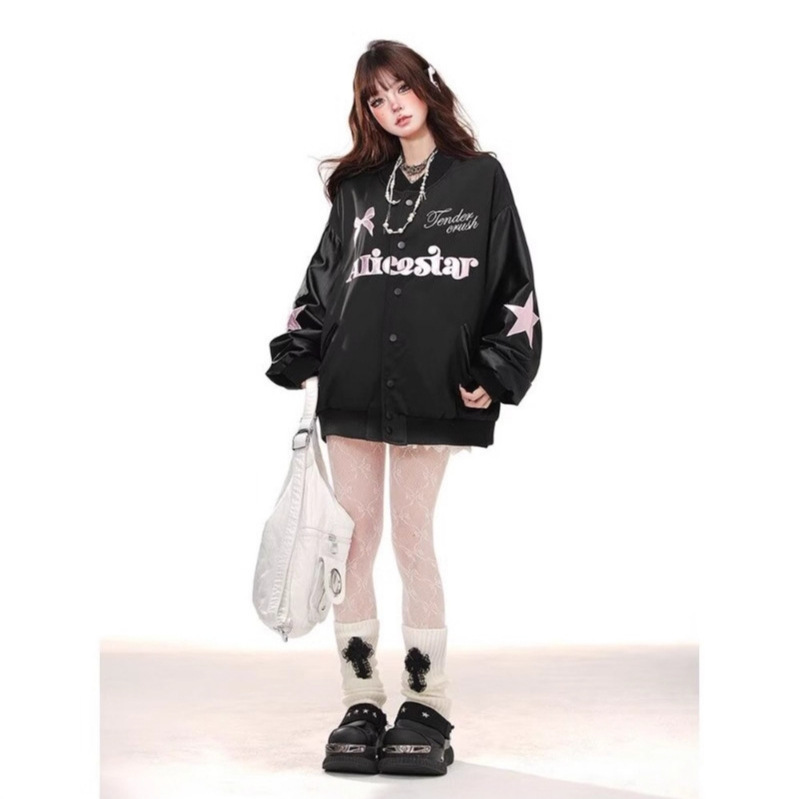 Trendy American-Style Lazy Fashion Baseball Jacket with Bow and Star Embroidery for Women, New Ins Style