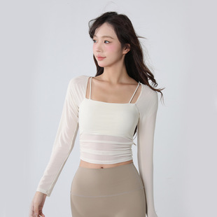 Autumn and Winter New Yoga Long-sleeved T-shirt Women's Mesh Stitching Sports Top with Chest Pad Fashion Slim Fitness Top
