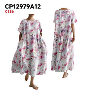 Spring and Summer Round Neck Short Sleeve dress Elegant Loose plus size Watercolor Flower Series All-match Lantern Dress Women