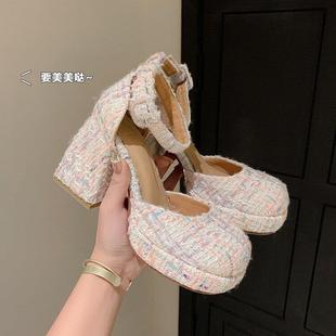 2023 Spring and Summer Barbie Powder Single-layer Shoes Waterproof Platform with Baotou Thick Heel Hollow Mary Jane Square Heels