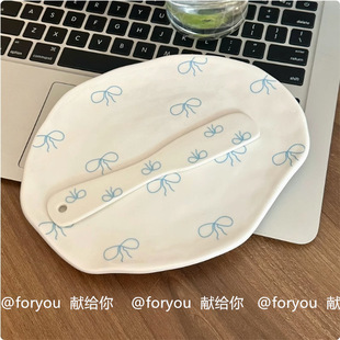Korean Female Aesthetic ~ Ins Bow Asymmetrical Hand-Kneaded Ceramic Dinner Plate Dessert Plate Cake Plate Breakfast Plate Salad Plate