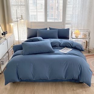 Cross-border ins simple solid color wash cotton double sheets student three or four-piece naked sleeping double quilt cover wholesale