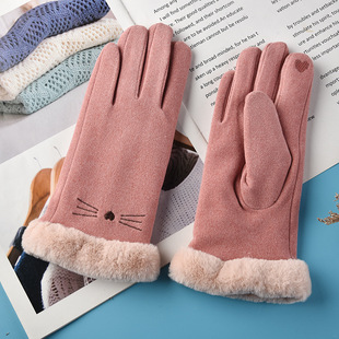 Wholesale suede gloves women's winter fleece-lined thickened cycling finger gloves cute wool touch screen warm gloves