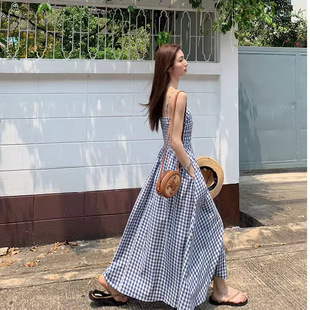 Plaid Strapless Skirt off-shoulder dress Women's Summer French Elegant Design Waist Seaside Holiday Long Skirt