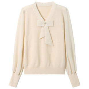 Women's bowknot thin sweater early spring 2024 New French style V-neck Western style long-sleeved T-shirt top