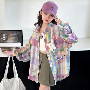 Girl's Color Plaid Shirt Mid-length Girl's Sweet Cool Cartoon Casual Top Korean Style Trendy Spring and Autumn Clothes Shirt