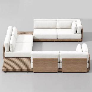 Outdoor Solid Wood Sofa, Courtyard Anti-Corrosion Furniture, House Terrace, Waterproof and Sunscreen Teak Leisure Outdoor Coffee Table Combination