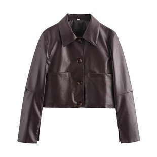 Short Leather Jacket with Split Cuffs 2025 Spring European and American Cross-border Pocket Decoration Single-breasted Long-sleeved Lapel Women's PU Jacket
