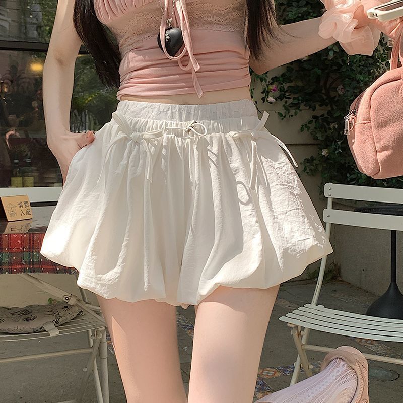 Pure Desire Hot Girl Bow Casual Pants Women's Summer 2025 New High Waist Splicing Fake Two-Piece Puffy Bud Shorts