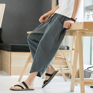 Cotton and Linen Pants Men's Summer Thin Breathable Cropped Shorts Outer Wear Loose Wide Leg Casual Sports Cropped Pants