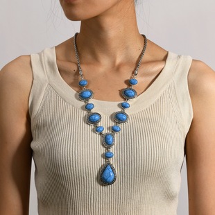 Vintage Long Imitation Turquoise Necklace Ethnic Style Exaggerated Elegant Woolen Chain Women's Daily All-match Decorative Necklace