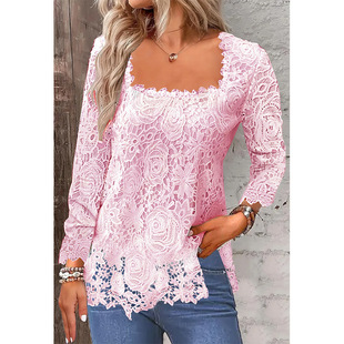 2025 New Amazon Aliexpress European and American Fashion Pure Color Square Neck Lace Short-Sleeved T-Shirt