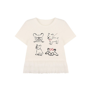Amybaby Girls Top Summer 2025 New Lace Hem Printed Sweet Stitching Mesh Short Sleeve T-Shirt