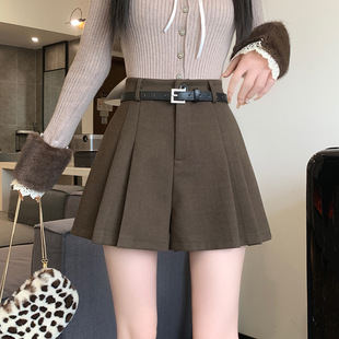 Design Pleated Woolen Shorts Women's 2024 New Autumn and Winter Outer Wear Boots Pants High Waist A- Shaped Wide Leg Casual Hot Pants