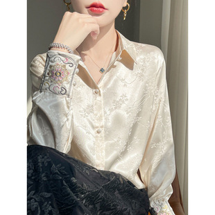 New Chinese Acetic Acid Satin Jacquard Shirt Women's 2025 New Vintage National Style Tang Style Top Design Long Sleeve Shirt