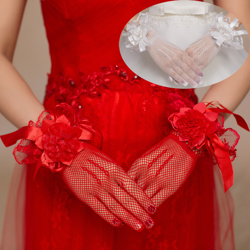 Wedding gloves lace flower high elastic knitted large mesh bridal wedding dress short gloves Photo performance Women