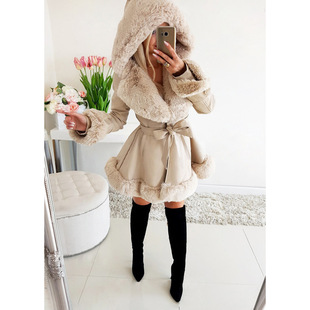 Popular winter coat small fragrant style short rough edge hooded fur stitching A- type coat winter fashion