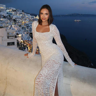 JY24482 Design Sense Lace Long-sleeved Split dress Women's Pure Desire Hot Girl Sexy Micro-transparent Slim-fit Long Dress