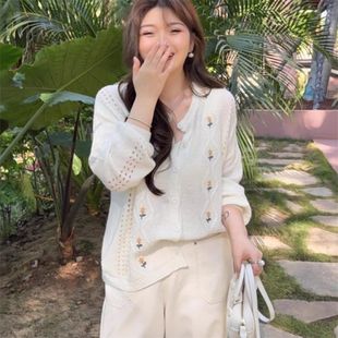 Japanese Crochet Unique Knitted Cardigan New Style Lazy Style Loose Slimming Chic Hollow Long-sleeved Sweater Top for Women