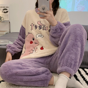 Japanese-Style Internet Celebrity Kuromi Winter Flannel Pajamas for Girls, Round Neck Long-Sleeve Top and Long Pants, Cartoon Coral Fleece Loungewear