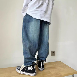 XF0805 24 Autumn Blue Ripped Jeans Children's Large Children's Trousers Children's Trousers Wide Leg Casual Harem Pants