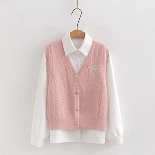 2025 spring new fashion versatile sweet college style knitted vest white shirt two-piece suit women