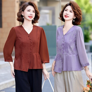 Fashion Explosions Western Style Mother Summer Shirt Chinese Style National Style Small Shirt Middle-aged Women's Top Slim Look Seven-point Sleeve